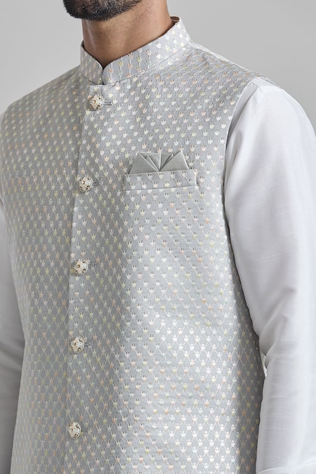 Shop_Arihant Rai Sinha_Gray Silk, Polyester, Brocade Sequins, Embroidery Grey Bundi Kurta Set _Online_at_Aza_Fashions