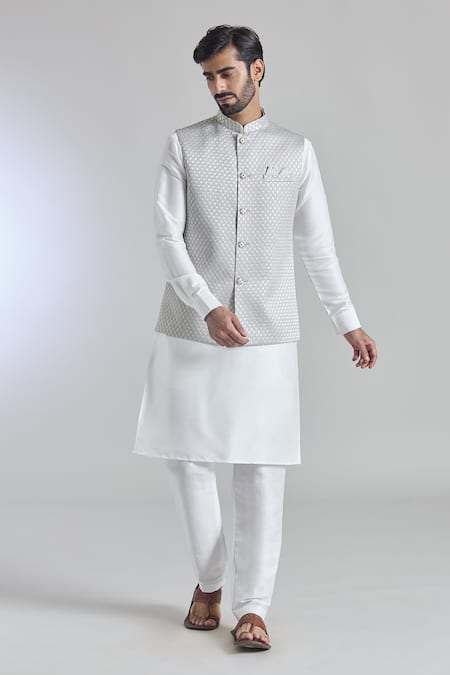 Arihant Rai Sinha_Gray Silk, Polyester, Brocade Sequins, Embroidery Grey Bundi Kurta Set _at_Aza_Fashions