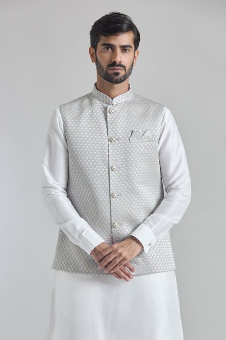 Shop_Arihant Rai Sinha_Gray Silk Sequins, Embroidery Grey Bundi _Online_at_Aza_Fashions