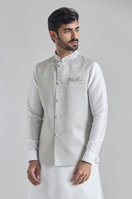 Arihant Rai Sinha_Gray Silk Sequins, Embroidery Grey Bundi _at_Aza_Fashions