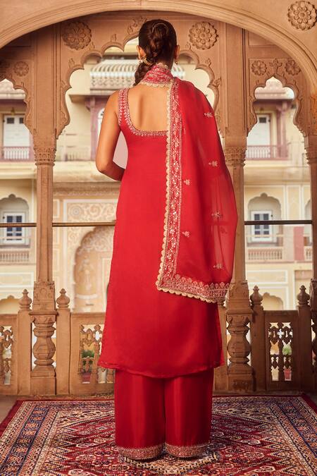 Shop Lashkaraa Red Tissue, Organza Beads, Zari, Embroidery Asymmetric Bullian Bloom Kurta Set at Aza Fashions Shop_Lashkaraa_Red Tissue, Organza Beads, Zari, Embroidery Asymmetric Bullian Bloom Kurta Set_at_Aza_Fashions