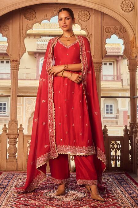 Lashkaraa Red Tissue, Organza Beads, Zari, Embroidery Asymmetric Bullian Bloom Kurta Set Online at Aza Fashions Lashkaraa_Red Tissue, Organza Beads, Zari, Embroidery Asymmetric Bullian Bloom Kurta Set_Online_at_Aza_Fashions