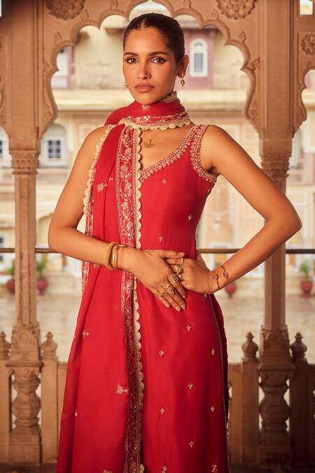 Buy Lashkaraa Red Tissue, Organza Beads, Zari, Embroidery Asymmetric Bullian Bloom Kurta Set Online at Aza Fashions Buy_Lashkaraa_Red Tissue, Organza Beads, Zari, Embroidery Asymmetric Bullian Bloom Kurta Set_Online_at_Aza_Fashions