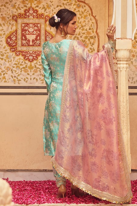 Lashkaraa_Blue Brocade, Satin Sequins, Beads, Embroidery Round Gul Woven Kurta Pant Set _Online_at_Aza_Fashions
