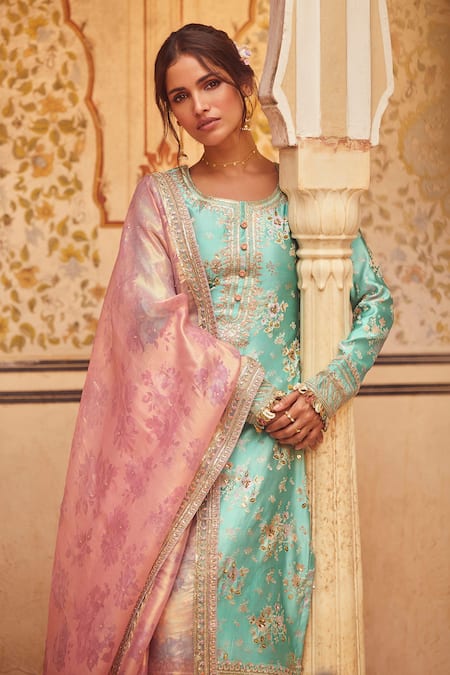 Buy_Lashkaraa_Blue Brocade, Satin Sequins, Beads, Embroidery Round Gul Woven Kurta Pant Set _Online_at_Aza_Fashions