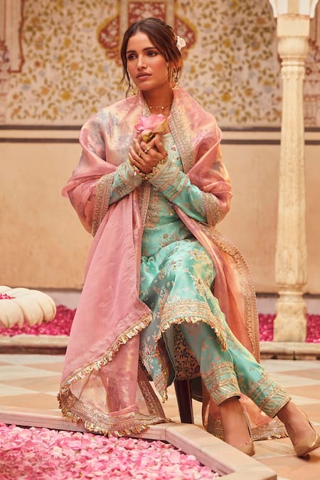 Shop_Lashkaraa_Blue Brocade, Satin Sequins, Beads, Embroidery Round Gul Woven Kurta Pant Set _Online_at_Aza_Fashions