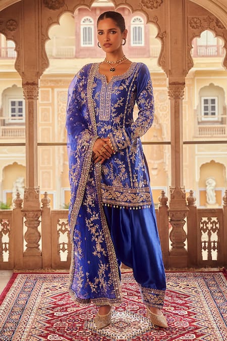 LASHKARAA Blue Satin Embroidery Thread Round Neck Gullista Kurta And Salwar Pant Set 