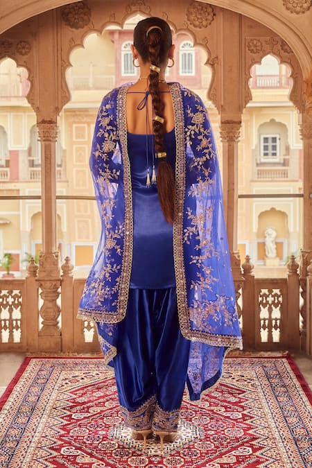 Lashkaraa_Blue Satin, Net Sequins, Beads, Embroidery Round Neck Gullista Kurta Set _Online_at_Aza_Fashions