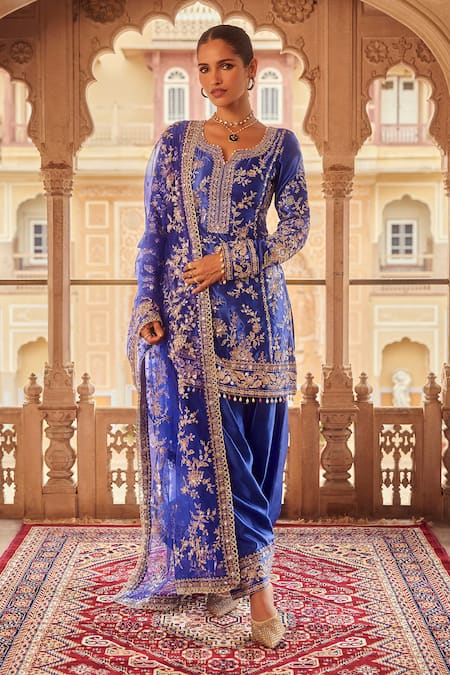 Buy_Lashkaraa_Blue Satin, Net Sequins, Beads, Embroidery Round Neck Gullista Kurta Set _Online_at_Aza_Fashions