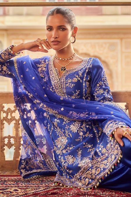 Buy_Lashkaraa_Blue Satin, Net Sequins, Beads, Embroidery Round Neck Gullista Kurta Set 