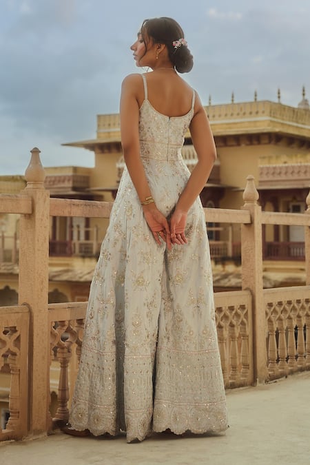 Lashkaraa_Gray Silk Sequins, Beads, Zari Sweetheart Neck Bahara Embroidered Jumpsuit _Online_at_Aza_Fashions