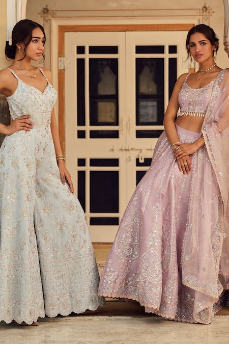Buy_Lashkaraa_Gray Silk Sequins, Beads, Zari Sweetheart Neck Bahara Embroidered Jumpsuit _Online_at_Aza_Fashions