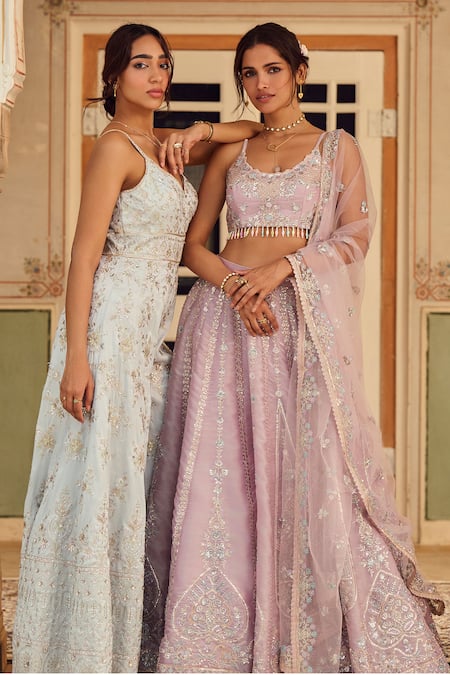Lashkaraa_Gray Silk Sequins, Beads, Zari Sweetheart Neck Bahara Embroidered Jumpsuit _at_Aza_Fashions