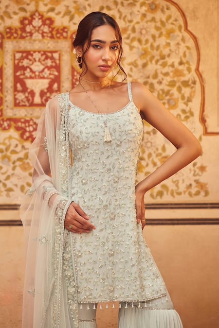 Buy Lashkaraa Blue Chiffon, Net, Crepe Sequins, Embroidery, Beads, Gulshan Kurta Sharara Set Online at Aza Fashions Buy_Lashkaraa_Blue Chiffon, Net, Crepe Sequins, Embroidery, Beads, Gulshan Kurta Sharara Set _Online_at_Aza_Fashions