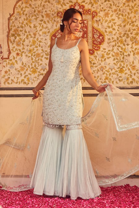 Shop Lashkaraa Blue Chiffon, Net, Crepe Sequins, Embroidery, Beads, Gulshan Kurta Sharara Set Online at Aza Fashions Shop_Lashkaraa_Blue Chiffon, Net, Crepe Sequins, Embroidery, Beads, Gulshan Kurta Sharara Set _Online_at_Aza_Fashions