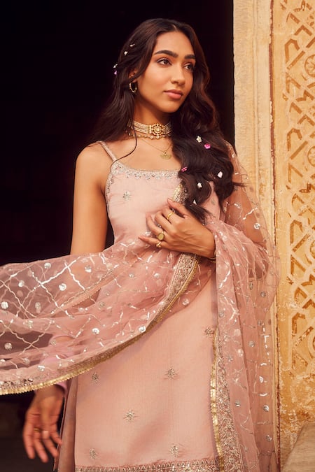 Buy_Lashkaraa_Peach Silk, Net, Crepe Sequins, Mughal Bloom Embroidered Kurta Sharara Set _Online_at_Aza_Fashions