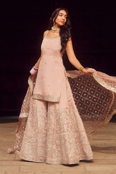 Shop_Lashkaraa_Peach Silk, Net, Crepe Sequins, Mughal Bloom Embroidered Kurta Sharara Set _Online_at_Aza_Fashions