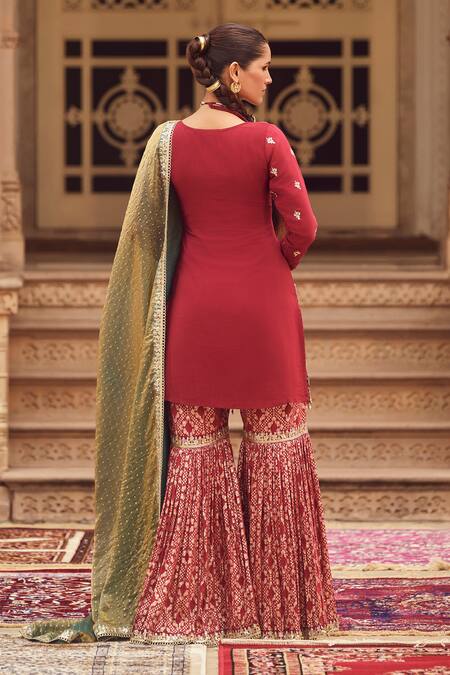 Shop Lashkaraa Maroon Crepe, Brocade, Silk Sequins, Zari, Florin Motif Kurta Gharara Set at Aza Fashions Shop_Lashkaraa_Maroon Crepe, Brocade, Silk Sequins, Zari, Florin Motif Kurta Gharara Set_at_Aza_Fashions