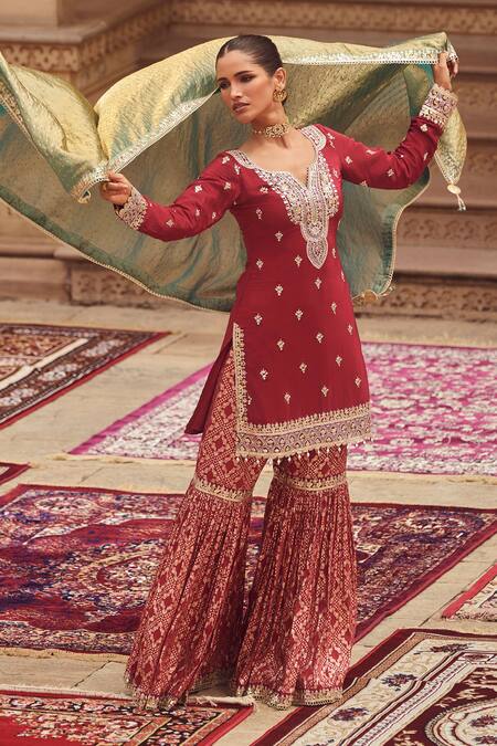 Lashkaraa Maroon Crepe, Brocade, Silk Sequins, Zari, Florin Motif Kurta Gharara Set Online at Aza Fashions Lashkaraa_Maroon Crepe, Brocade, Silk Sequins, Zari, Florin Motif Kurta Gharara Set_Online_at_Aza_Fashions