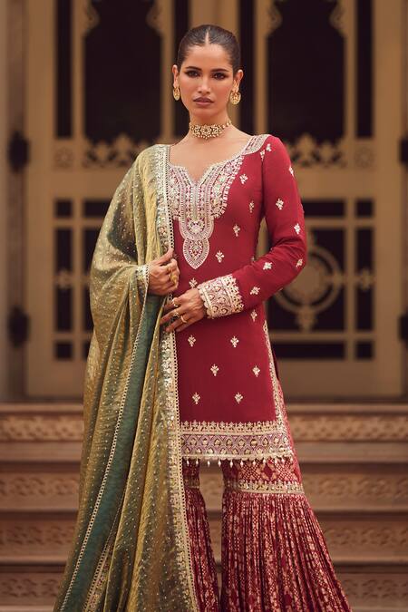 Lashkaraa Maroon Crepe, Brocade, Silk Sequins, Zari, Florin Motif Kurta Gharara Set at Aza Fashions Lashkaraa_Maroon Crepe, Brocade, Silk Sequins, Zari, Florin Motif Kurta Gharara Set_at_Aza_Fashions