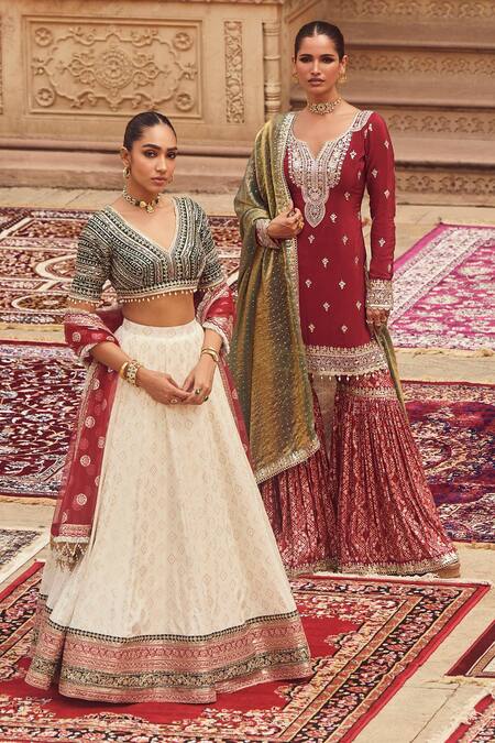 Buy Lashkaraa Maroon Crepe, Brocade, Silk Sequins, Zari, Florin Motif Kurta Gharara Set Buy_Lashkaraa_Maroon Crepe, Brocade, Silk Sequins, Zari, Florin Motif Kurta Gharara Set