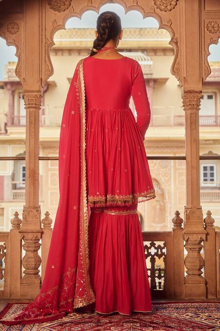 Shop Lashkaraa Pink Chiffon, Silk Sequins, Beads, Zari Phool Embroidered Kurta Gharara Set at Aza Fashions Shop_Lashkaraa_Pink Chiffon, Silk Sequins, Beads, Zari Phool Embroidered Kurta Gharara Set_at_Aza_Fashions