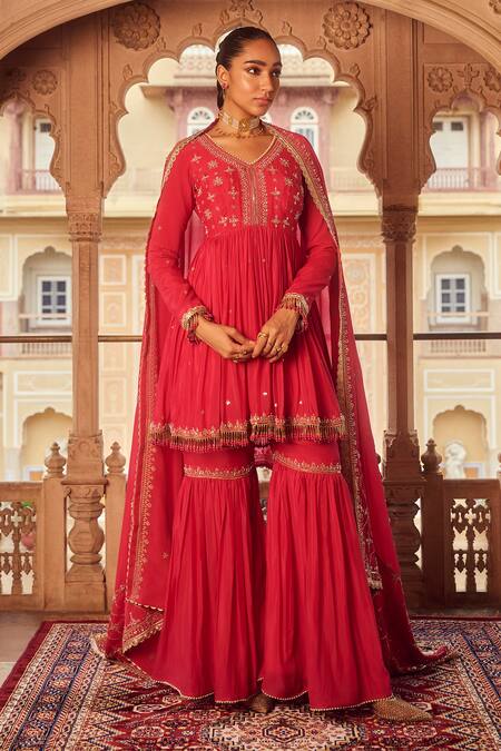 Lashkaraa Pink Chiffon, Silk Sequins, Beads, Zari Phool Embroidered Kurta Gharara Set Online at Aza Fashions Lashkaraa_Pink Chiffon, Silk Sequins, Beads, Zari Phool Embroidered Kurta Gharara Set_Online_at_Aza_Fashions