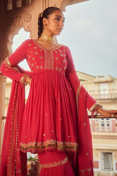 Buy Lashkaraa Pink Chiffon, Silk Sequins, Beads, Zari Phool Embroidered Kurta Gharara Set Online at Aza Fashions Buy_Lashkaraa_Pink Chiffon, Silk Sequins, Beads, Zari Phool Embroidered Kurta Gharara Set_Online_at_Aza_Fashions