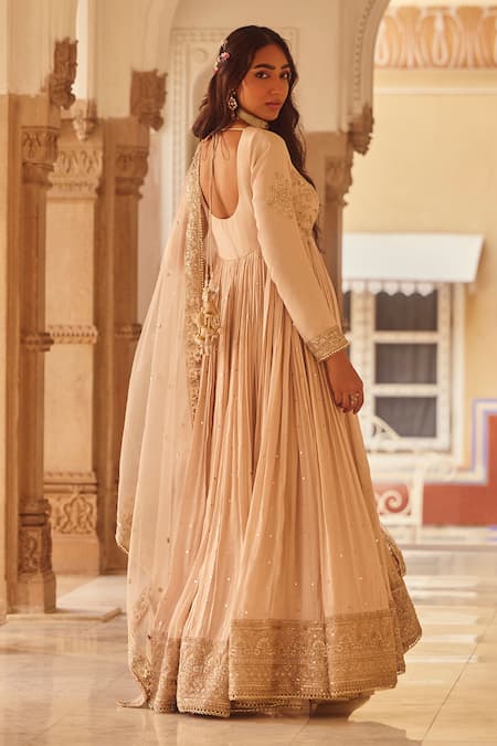 Shop Lashkaraa Beige Tissue, Satin, Net Beads, Sequins Celeste Bloom Embroidered Anarkali Set at Aza Fashions Shop_Lashkaraa_Beige Tissue, Satin, Net Beads, Sequins Celeste Bloom Embroidered Anarkali Set_at_Aza_Fashions