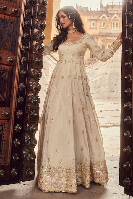 Shop Lashkaraa Beige Tissue, Satin, Net Beads, Sequins Starla Bloom Embroidered Anarkali Set Online at Aza Fashions Shop_Lashkaraa_Beige Tissue, Satin, Net Beads, Sequins Starla Bloom Embroidered Anarkali Set _Online_at_Aza_Fashions