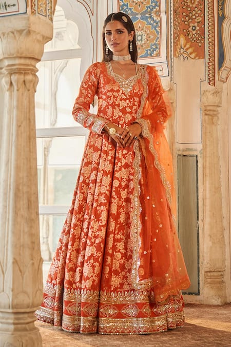 LASHKARAA Orange Brocade Woven Blossom Sweetheart Neck Anarkali With Dupatta 