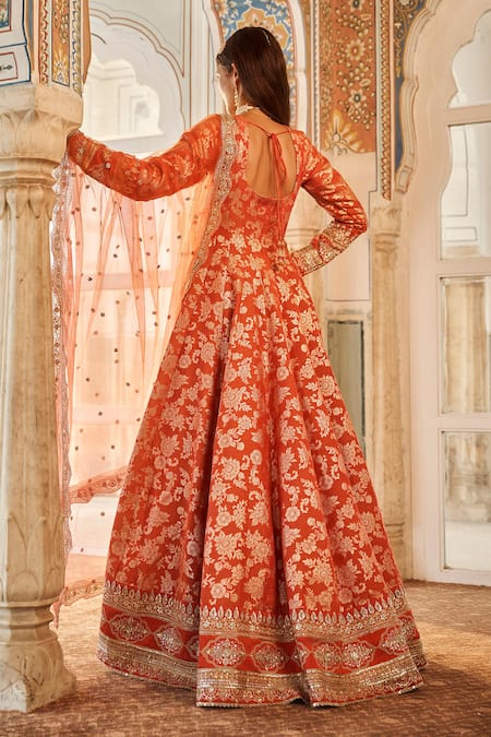 Shop Lashkaraa Orange Satin, Brocade, Net Sequins Sweetheart Neck Blossom Woven Anarkali Set at Aza Fashions Shop_Lashkaraa_Orange Satin, Brocade, Net Sequins Sweetheart Neck Blossom Woven Anarkali Set_at_Aza_Fashions
