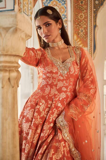 Lashkaraa Orange Satin, Brocade, Net Sequins Sweetheart Neck Blossom Woven Anarkali Set Online at Aza Fashions Lashkaraa_Orange Satin, Brocade, Net Sequins Sweetheart Neck Blossom Woven Anarkali Set_Online_at_Aza_Fashions