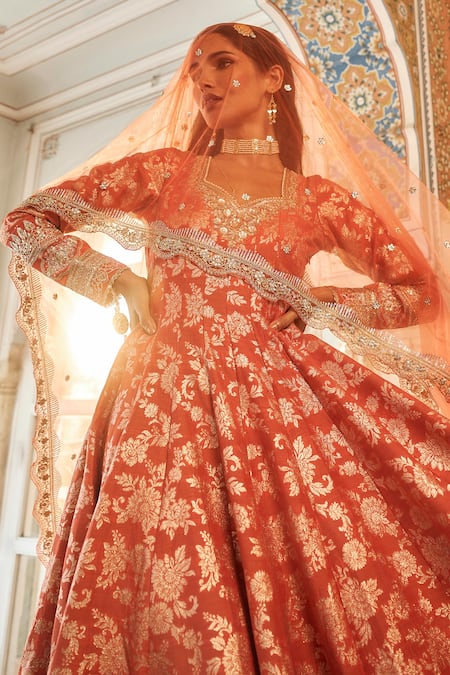 Buy Lashkaraa Orange Satin, Brocade, Net Sequins Sweetheart Neck Blossom Woven Anarkali Set Online at Aza Fashions Buy_Lashkaraa_Orange Satin, Brocade, Net Sequins Sweetheart Neck Blossom Woven Anarkali Set_Online_at_Aza_Fashions