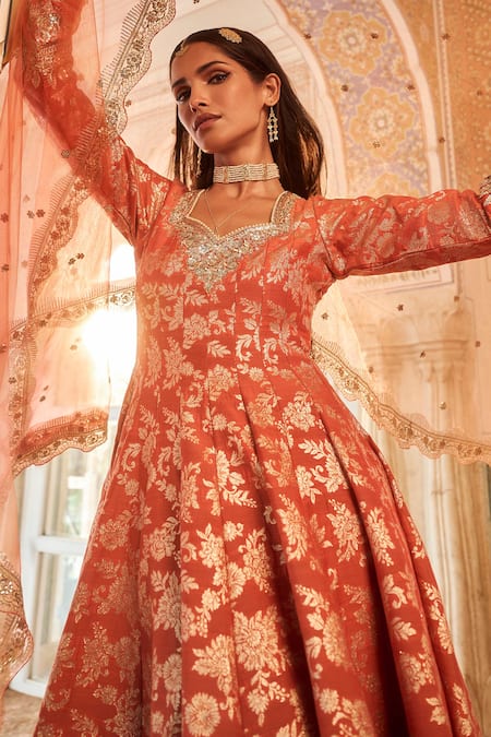 Lashkaraa Orange Satin, Brocade, Net Sequins Sweetheart Neck Blossom Woven Anarkali Set at Aza Fashions Lashkaraa_Orange Satin, Brocade, Net Sequins Sweetheart Neck Blossom Woven Anarkali Set_at_Aza_Fashions