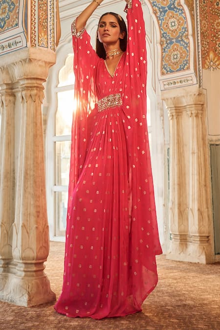 Buy Lashkaraa Pink Brocade, Satin Mirrors, Sequins V-neck Phoolista Woven V Kaftan Online at Aza Fashions Buy_Lashkaraa_Pink Brocade, Satin Mirrors, Sequins V-neck Phoolista Woven V Kaftan _Online_at_Aza_Fashions