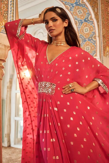 Shop Lashkaraa Pink Brocade, Satin Mirrors, Sequins V-neck Phoolista Woven V Kaftan Online at Aza Fashions Shop_Lashkaraa_Pink Brocade, Satin Mirrors, Sequins V-neck Phoolista Woven V Kaftan _Online_at_Aza_Fashions