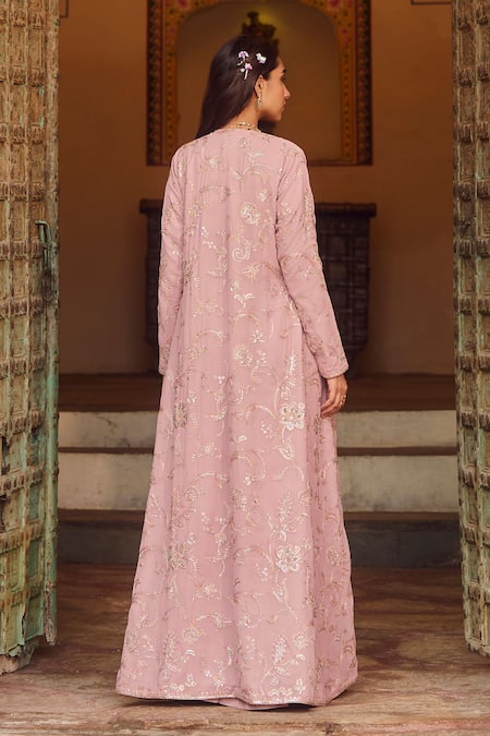 Lashkaraa Pink Georgette, Satin Embroidery, Beads, Zari, Gardenia Cape And Sharara Set Online at Aza Fashions Lashkaraa_Pink Georgette, Satin Embroidery, Beads, Zari, Gardenia Cape And Sharara Set _Online_at_Aza_Fashions