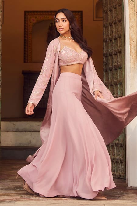 Buy Lashkaraa Pink Georgette, Satin Embroidery, Beads, Zari, Gardenia Cape And Sharara Set Online at Aza Fashions Buy_Lashkaraa_Pink Georgette, Satin Embroidery, Beads, Zari, Gardenia Cape And Sharara Set _Online_at_Aza_Fashions