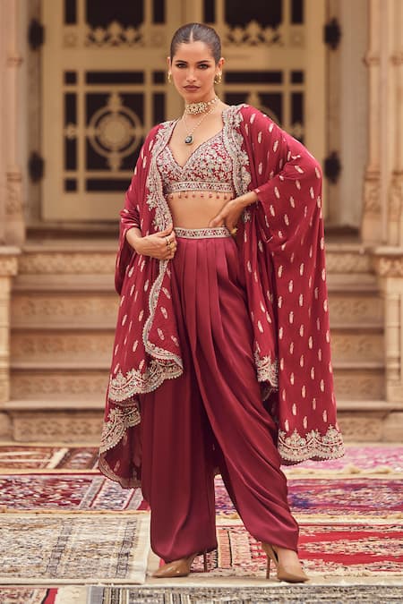 Lashkaraa Maroon Satin, Brocade, Linen Sequins, Zari, Embroidered Cape And Dhoti Pant Set Online at Aza Fashions Lashkaraa_Maroon Satin, Brocade, Linen Sequins, Zari, Embroidered Cape And Dhoti Pant Set_Online_at_Aza_Fashions