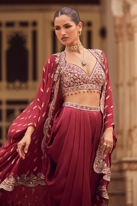 Buy Lashkaraa Maroon Satin, Brocade, Linen Sequins, Zari, Embroidered Cape And Dhoti Pant Set Online at Aza Fashions Buy_Lashkaraa_Maroon Satin, Brocade, Linen Sequins, Zari, Embroidered Cape And Dhoti Pant Set_Online_at_Aza_Fashions