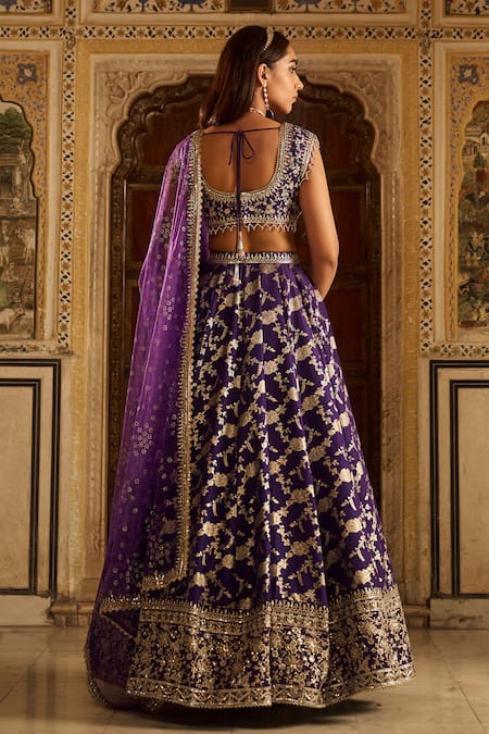 Shop Lashkaraa Purple Silk, Brocade, Net Zari, Sequins, Embroidery Mughal Gul Woven Lehenga Set at Aza Fashions Shop_Lashkaraa_Purple Silk, Brocade, Net Zari, Sequins, Embroidery Mughal Gul Woven Lehenga Set_at_Aza_Fashions