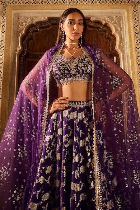 Lashkaraa Purple Silk, Brocade, Net Zari, Sequins, Embroidery Mughal Gul Woven Lehenga Set Online at Aza Fashions Lashkaraa_Purple Silk, Brocade, Net Zari, Sequins, Embroidery Mughal Gul Woven Lehenga Set_Online_at_Aza_Fashions