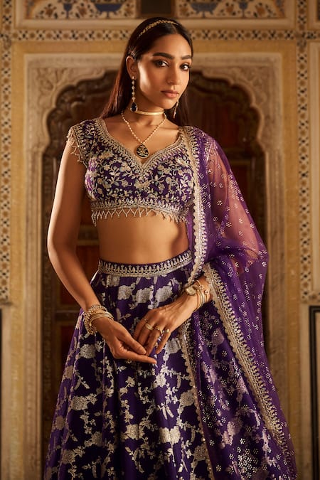 Buy Lashkaraa Purple Silk, Brocade, Net Zari, Sequins, Embroidery Mughal Gul Woven Lehenga Set Online at Aza Fashions Buy_Lashkaraa_Purple Silk, Brocade, Net Zari, Sequins, Embroidery Mughal Gul Woven Lehenga Set_Online_at_Aza_Fashions