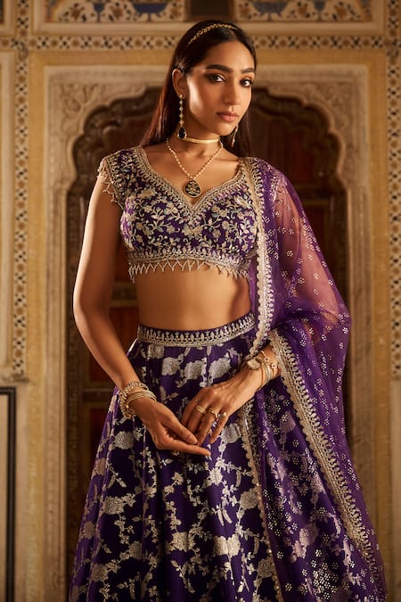 Lashkaraa Purple Silk, Brocade, Net Zari, Sequins, Embroidery Mughal Gul Woven Lehenga Set at Aza Fashions Lashkaraa_Purple Silk, Brocade, Net Zari, Sequins, Embroidery Mughal Gul Woven Lehenga Set_at_Aza_Fashions
