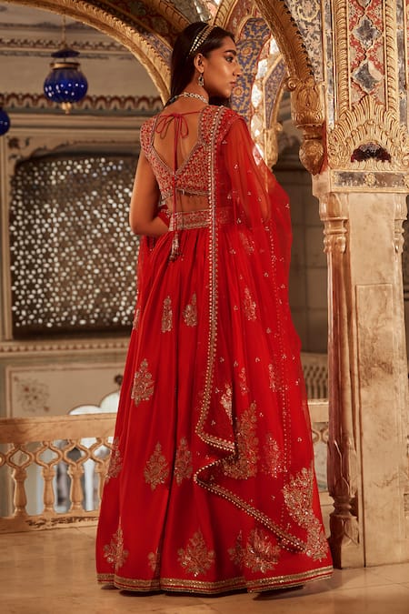 Lashkaraa Red Silk, Net Sequins, Beads, Zari, Embroidery Asymmetric Lehenga Set Online at Aza Fashions Lashkaraa_Red Silk, Net Sequins, Beads, Zari, Embroidery Asymmetric Lehenga Set _Online_at_Aza_Fashions