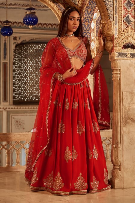 Buy Lashkaraa Red Silk, Net Sequins, Beads, Zari, Embroidery Asymmetric Lehenga Set Online at Aza Fashions Buy_Lashkaraa_Red Silk, Net Sequins, Beads, Zari, Embroidery Asymmetric Lehenga Set _Online_at_Aza_Fashions