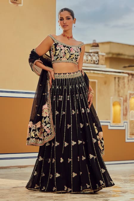 Buy Lashkaraa Black Georgette, Net Sequins, Zari, Beads Scoop Floral Embroidered Lehenga Set Online at Aza Fashions Buy_Lashkaraa_Black Georgette, Net Sequins, Zari, Beads Scoop Floral Embroidered Lehenga Set _Online_at_Aza_Fashions