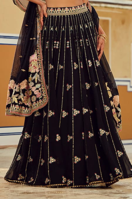 Shop Lashkaraa Black Georgette, Net Sequins, Zari, Beads Scoop Floral Embroidered Lehenga Set Online at Aza Fashions Shop_Lashkaraa_Black Georgette, Net Sequins, Zari, Beads Scoop Floral Embroidered Lehenga Set _Online_at_Aza_Fashions