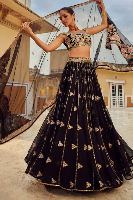 Lashkaraa Black Georgette, Net Sequins, Zari, Beads Scoop Floral Embroidered Lehenga Set at Aza Fashions Lashkaraa_Black Georgette, Net Sequins, Zari, Beads Scoop Floral Embroidered Lehenga Set _at_Aza_Fashions
